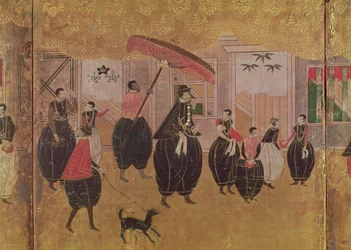 セントフランシスザビエル（1506-51）とその側近、日本にポルトガル人が到着したことを描いた屏風の右側のセクションの詳細、狩野派（漆）